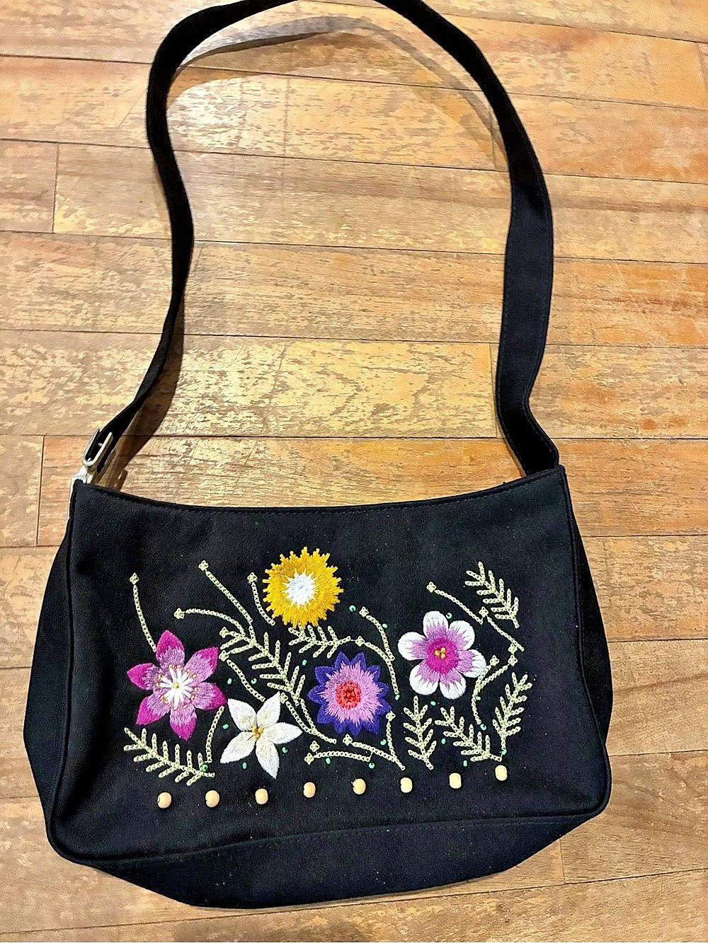 Embroidered Floral Shoulder Bag in Black